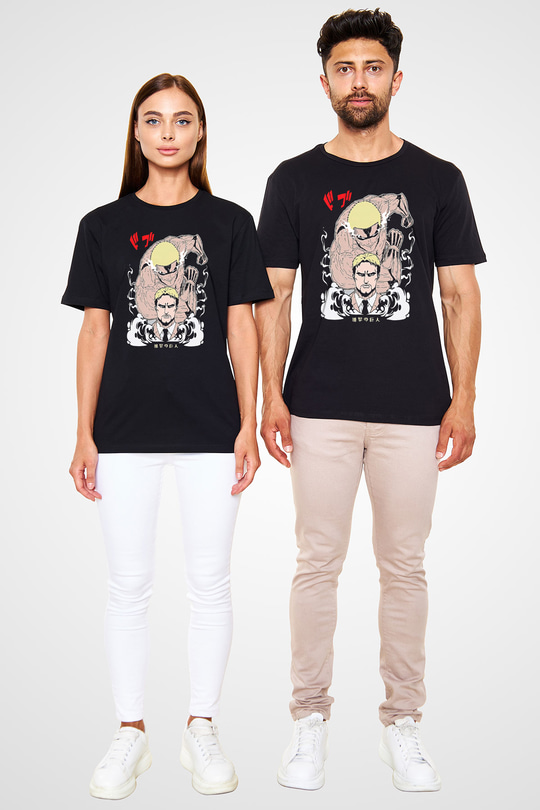 Attack On Titan Baskılı Unisex Siyah Tişört - Tshirt