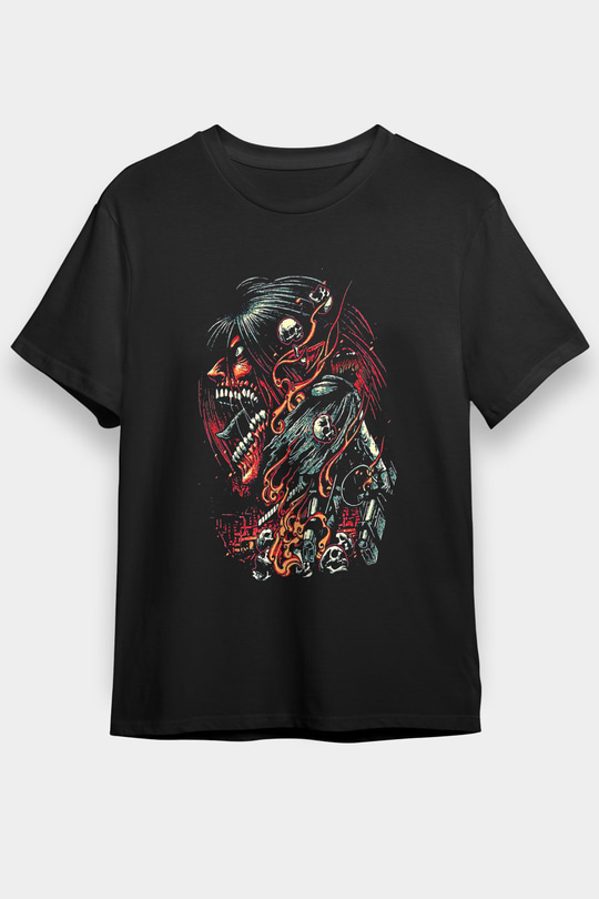 Attack On Titan Baskılı Unisex Siyah Tişört - Tshirt