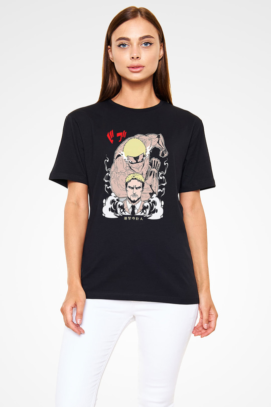 Attack On Titan Baskılı Unisex Siyah Tişört - Tshirt