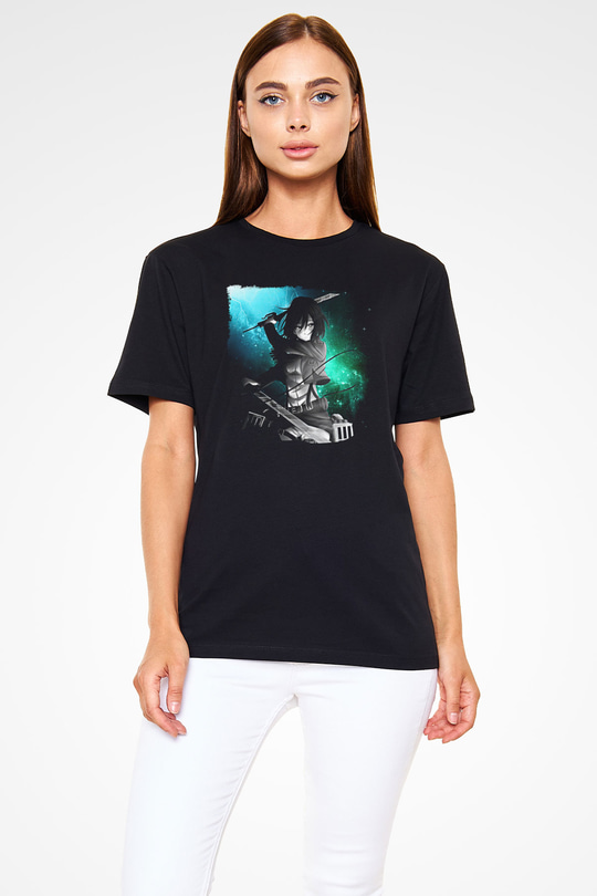 Attack On Titan Baskılı Unisex Siyah Tişört - Tshirt