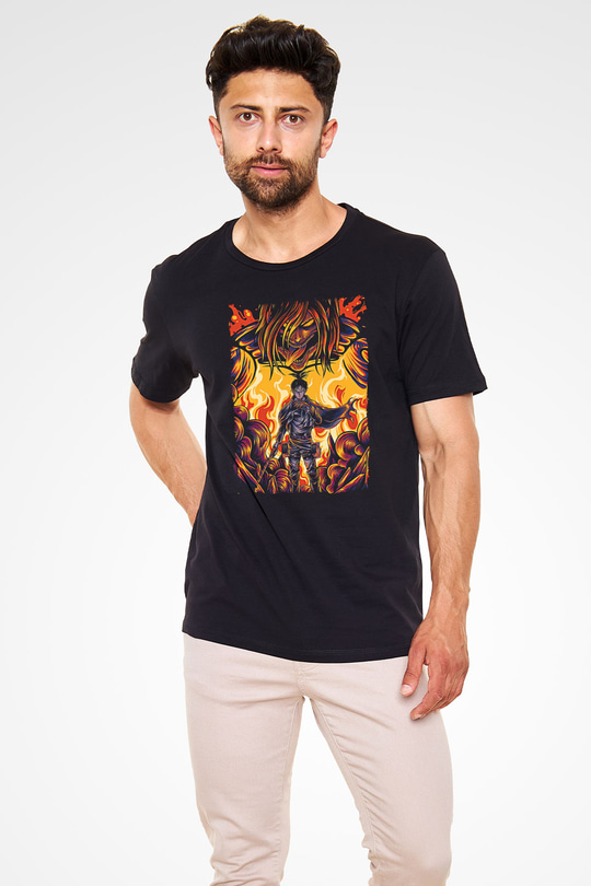 Attack On Titan Baskılı Unisex Siyah Tişört - Tshirt
