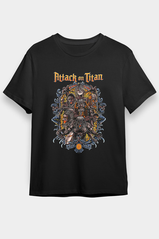 Attack On Titan Baskılı Unisex Siyah Tişört - Tshirt