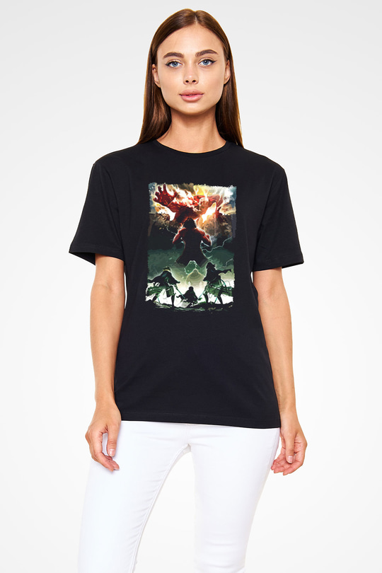 Attack On Titan Baskılı Unisex Siyah Tişört - Tshirt