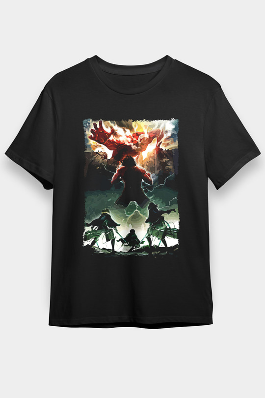 Attack On Titan Baskılı Unisex Siyah Tişört - Tshirt