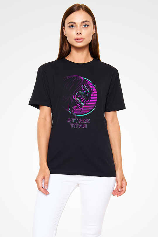 Attack On Titan Baskılı Unisex Siyah Tişört - Tshirt