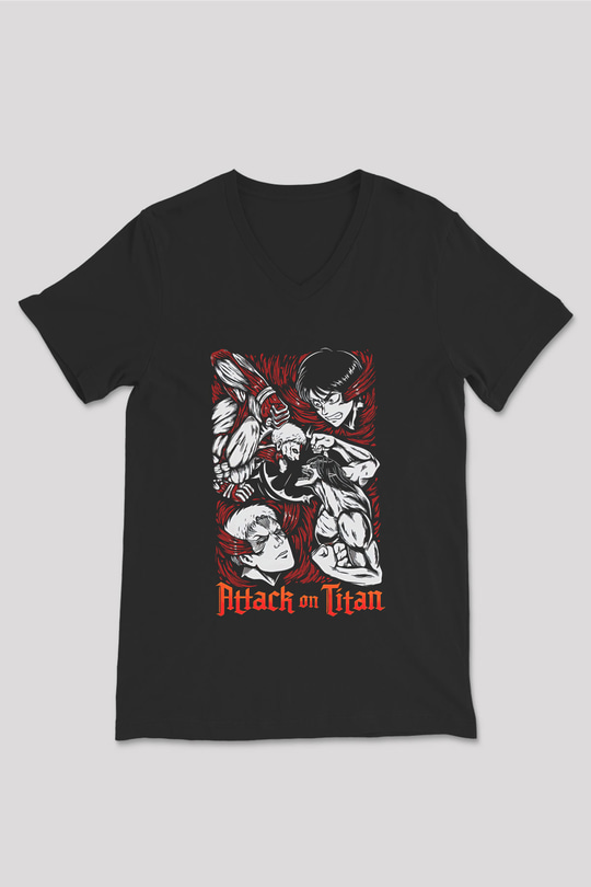 Attack On Titan Baskılı Unisex Siyah V Yaka Tişört - Tshirt