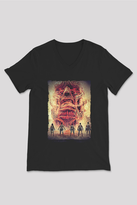 Attack On Titan Baskılı Unisex Siyah V Yaka Tişört - Tshirt