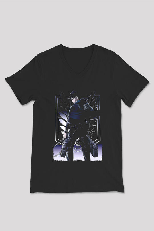 Attack On Titan Baskılı Unisex Siyah V Yaka Tişört - Tshirt