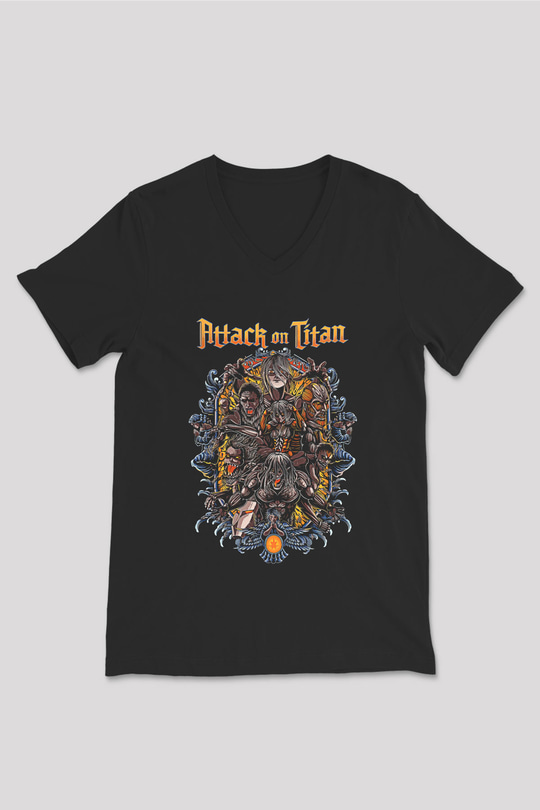 Attack On Titan Baskılı Unisex Siyah V Yaka Tişört - Tshirt