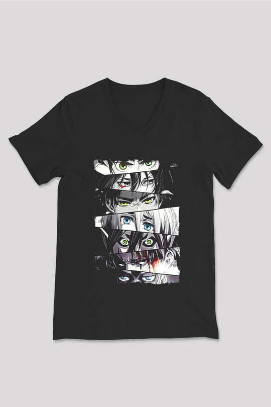 Attack On Titan Baskılı Unisex Siyah V Yaka Tişört - Tshirt