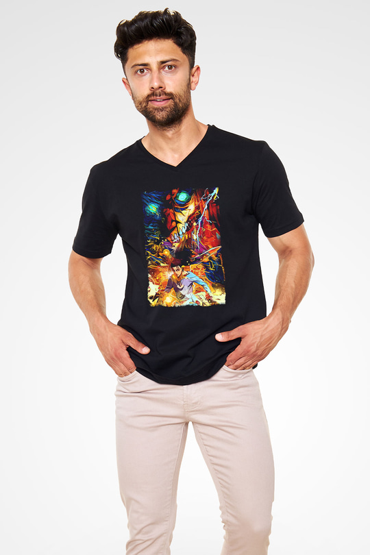 Attack On Titan Baskılı Unisex Siyah V Yaka Tişört - Tshirt