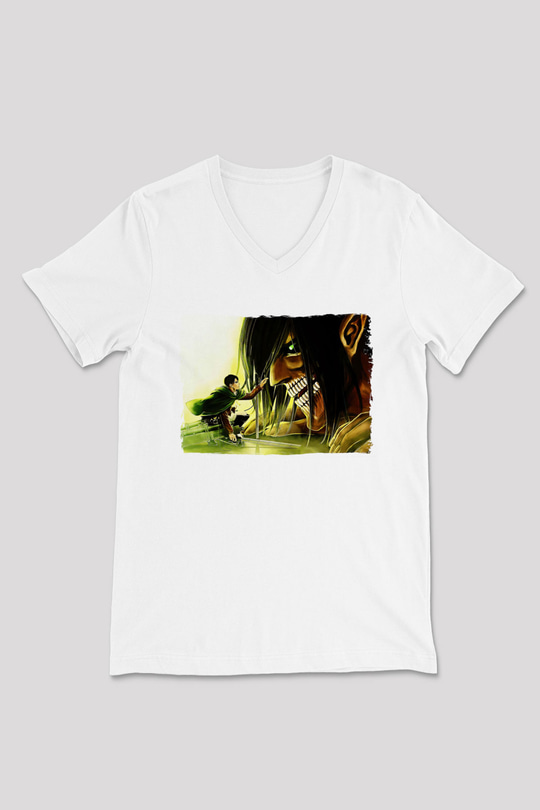 Attack On Titan Baskılı Unisex Siyah V Yaka Tişört - Tshirt