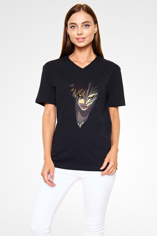 Attack On Titan Baskılı Unisex Siyah V Yaka Tişört - Tshirt