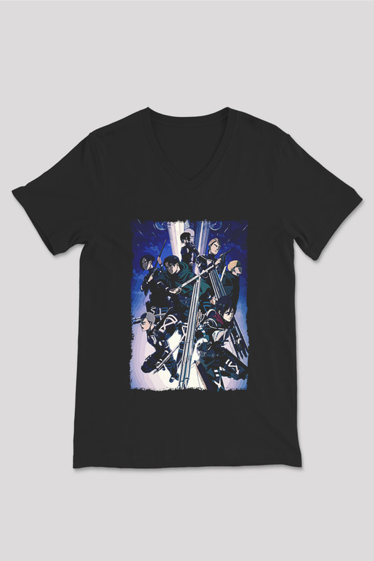 Attack On Titan Baskılı Unisex Siyah V Yaka Tişört - Tshirt