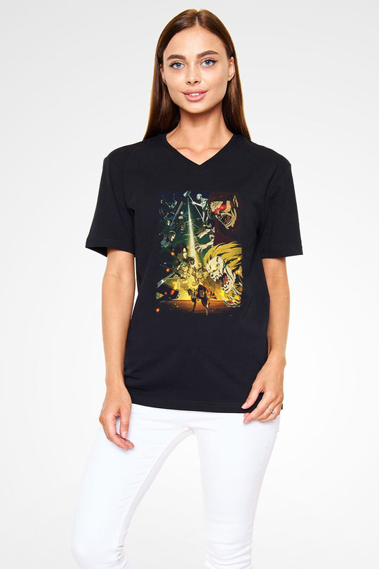 Attack On Titan Baskılı Unisex Siyah V Yaka Tişört - Tshirt