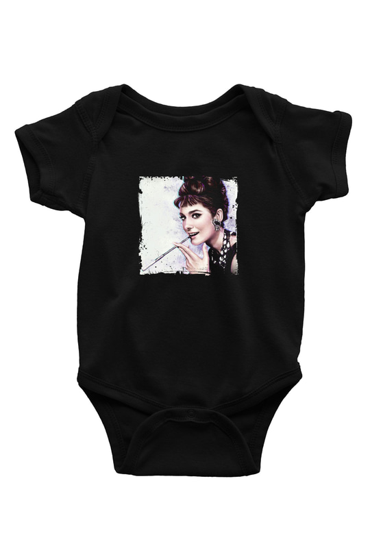 Audrey Hepburn Baskılı Unisex Siyah Bebek Body - Zıbın