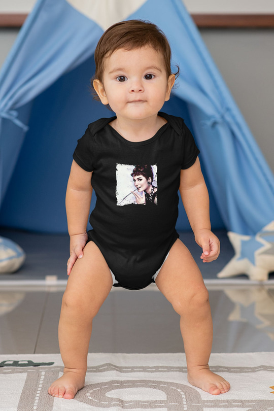 Audrey Hepburn Baskılı Unisex Siyah Bebek Body - Zıbın