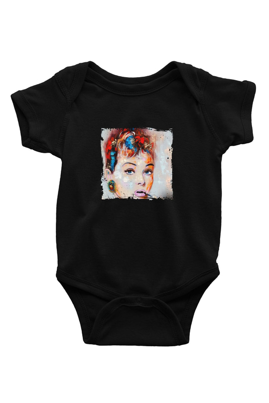 Audrey Hepburn Baskılı Unisex Siyah Bebek Body - Zıbın