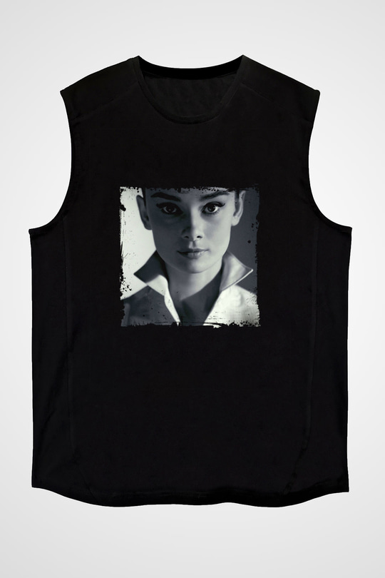 Audrey Hepburn Baskılı Unisex Siyah Kolsuz Tişört