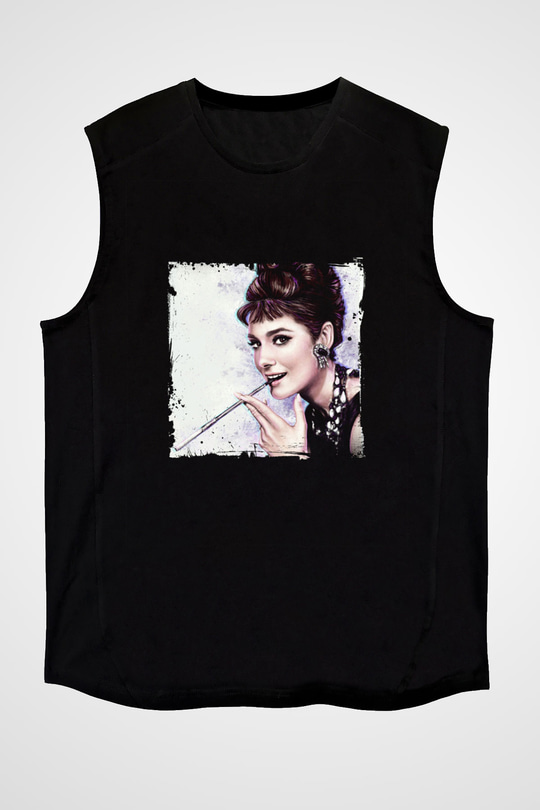 Audrey Hepburn Baskılı Unisex Siyah Kolsuz Tişört