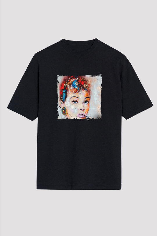Audrey Hepburn Baskılı Unisex Siyah Oversize Tişört