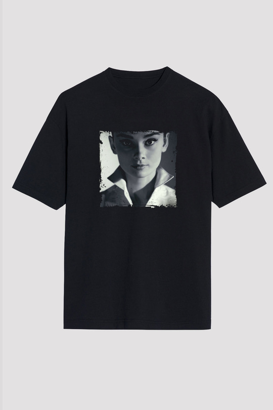 Audrey Hepburn Baskılı Unisex Siyah Oversize Tişört