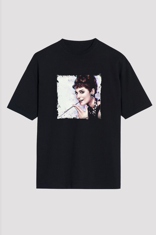 Audrey Hepburn Baskılı Unisex Siyah Oversize Tişört