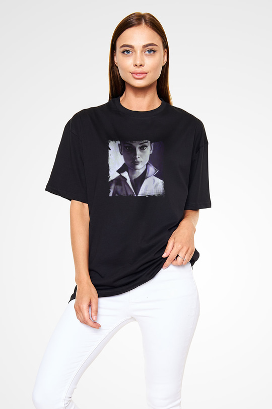 Audrey Hepburn Baskılı Unisex Siyah Oversize Tişört
