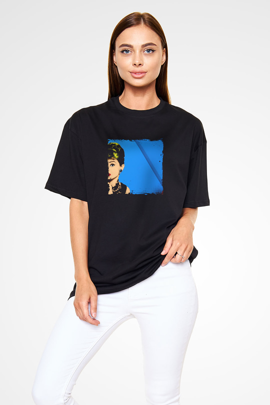 Audrey Hepburn Baskılı Unisex Siyah Oversize Tişört