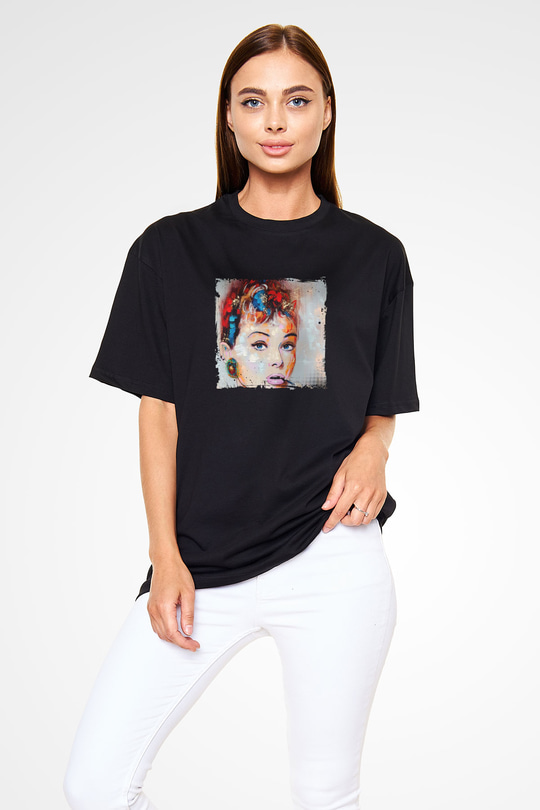 Audrey Hepburn Baskılı Unisex Siyah Oversize Tişört