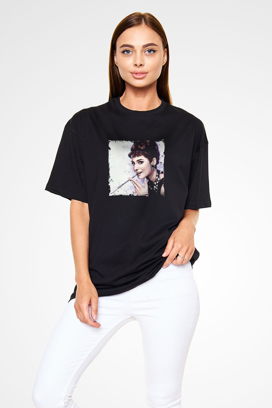 Audrey Hepburn Baskılı Unisex Siyah Oversize Tişört