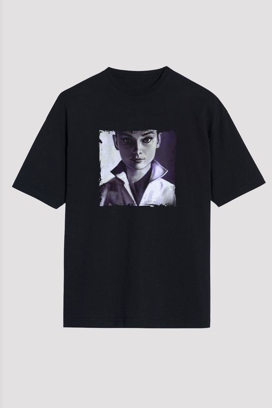 Audrey Hepburn Baskılı Unisex Siyah Oversize Tişört