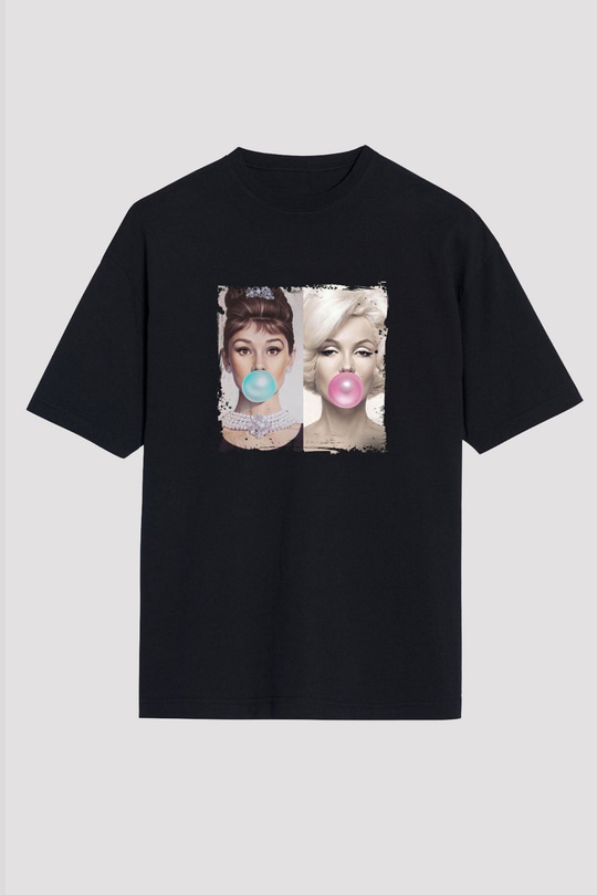 Audrey Hepburn Baskılı Unisex Siyah Oversize Tişört