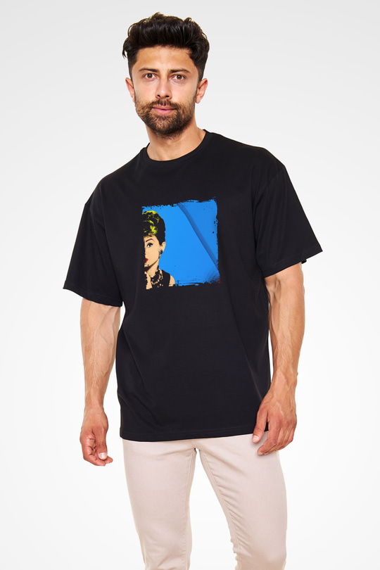 Audrey Hepburn Baskılı Unisex Siyah Oversize Tişört