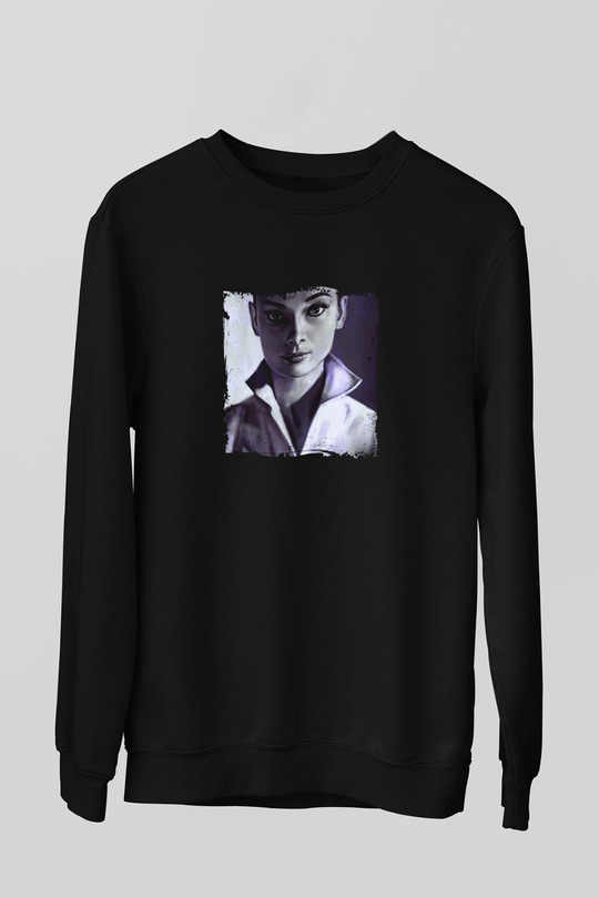 Audrey Hepburn Baskılı Unisex Siyah Sweatshirt