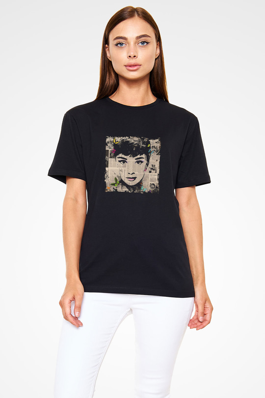 Audrey Hepburn Baskılı Unisex Siyah Tişört
