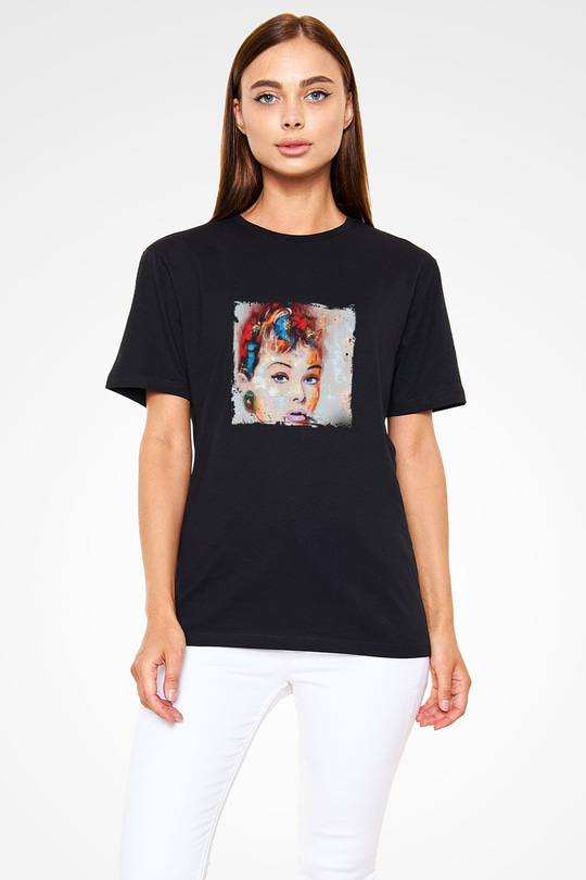 Audrey Hepburn Baskılı Unisex Siyah Tişört