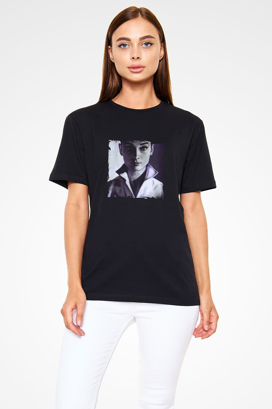 Audrey Hepburn Baskılı Unisex Siyah Tişört