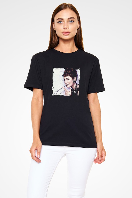 Audrey Hepburn Baskılı Unisex Siyah Tişört