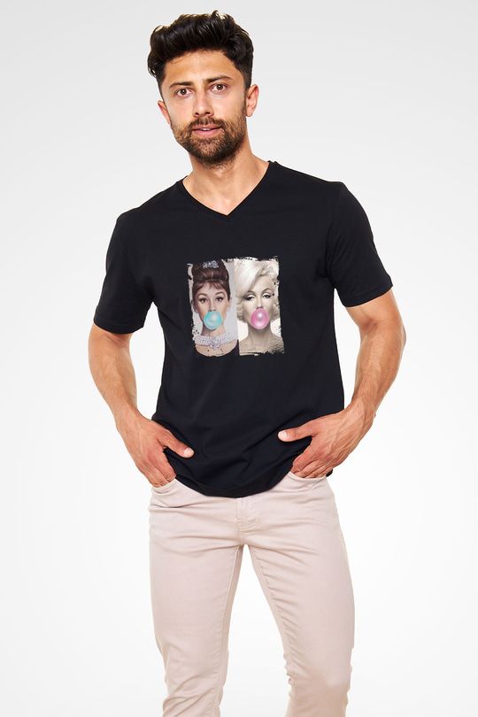 Audrey Hepburn Baskılı Unisex Siyah V Yaka Tişört