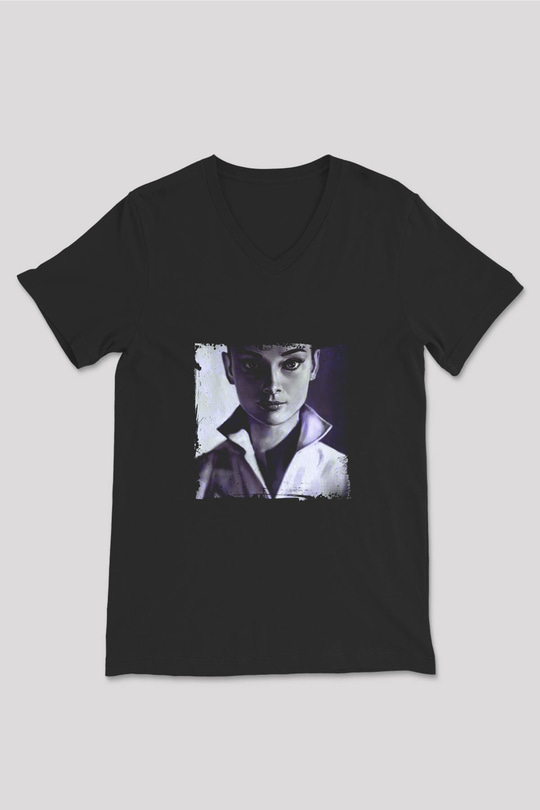 Audrey Hepburn Baskılı Unisex Siyah V Yaka Tişört