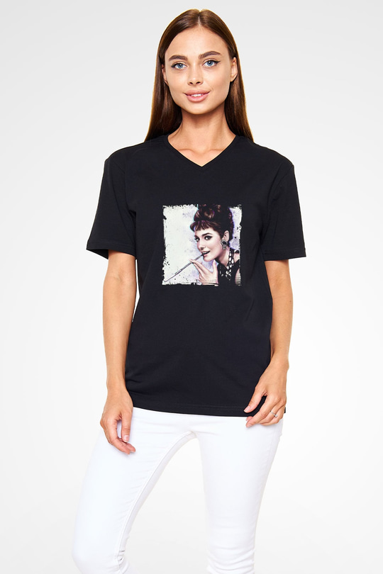 Audrey Hepburn Baskılı Unisex Siyah V Yaka Tişört