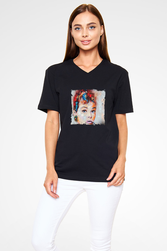 Audrey Hepburn Baskılı Unisex Siyah V Yaka Tişört