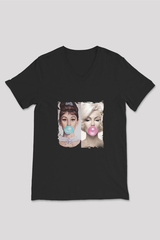 Audrey Hepburn Baskılı Unisex Siyah V Yaka Tişört