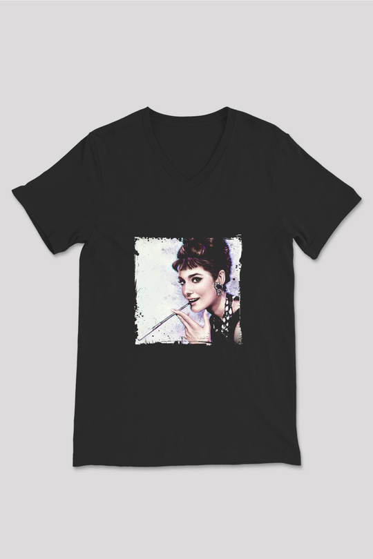 Audrey Hepburn Baskılı Unisex Siyah V Yaka Tişört