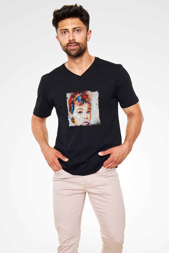 Audrey Hepburn Baskılı Unisex Siyah V Yaka Tişört