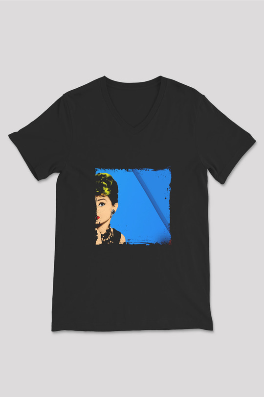 Audrey Hepburn Baskılı Unisex Siyah V Yaka Tişört
