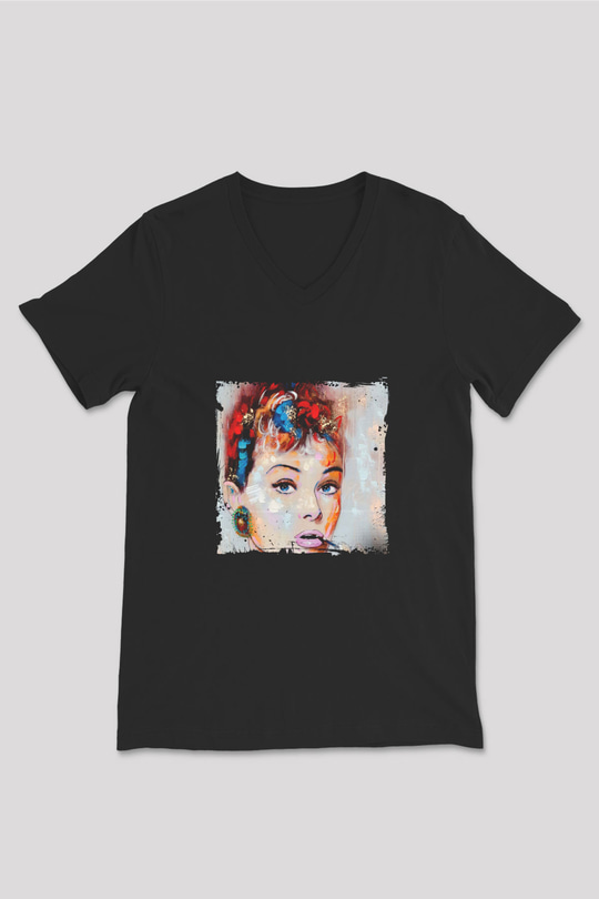 Audrey Hepburn Baskılı Unisex Siyah V Yaka Tişört