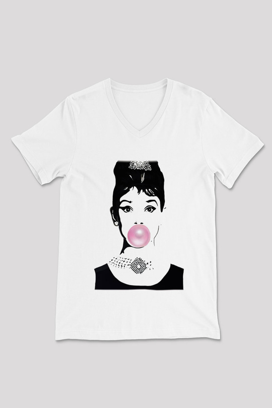 Audrey Hepburn Beyaz Unisex V Yaka Tişört T-Shirt