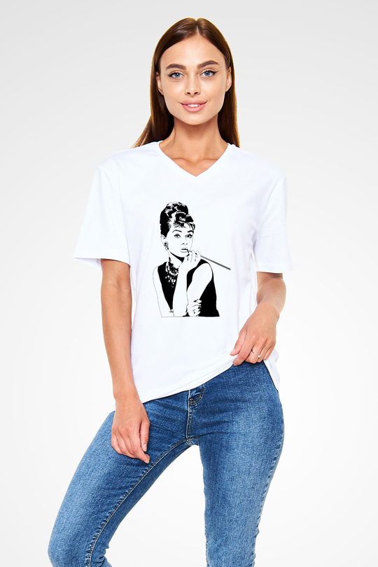 Audrey Hepburn Beyaz Unisex V Yaka Tişört T-Shirt